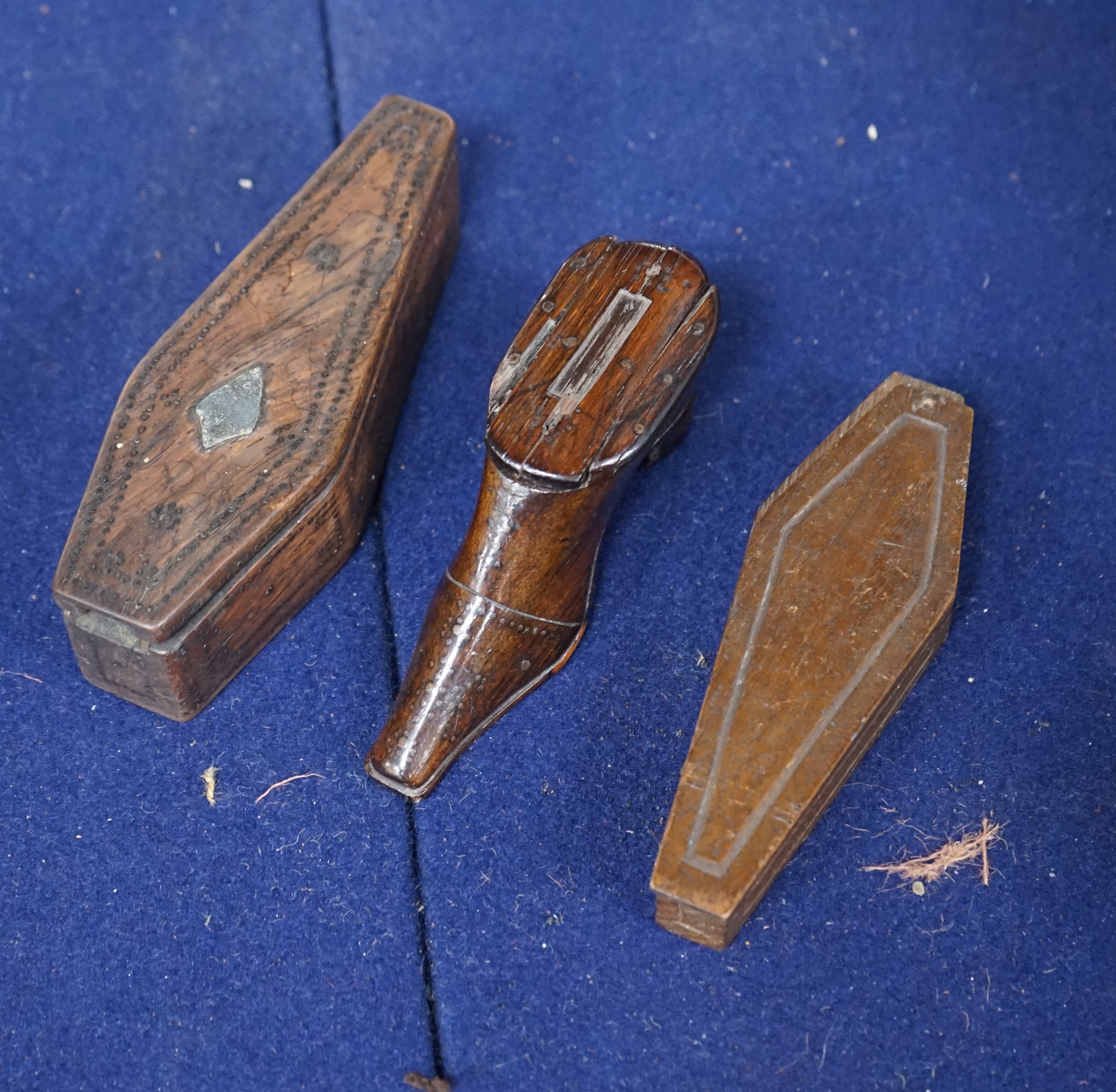 Three 19th century treen snuff boxes, two coffins and a shoe. Condition - fair to good